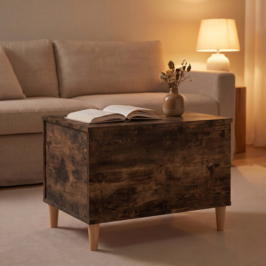 Table basse relevable Sylva chêne fumé fermée, salon au crépuscule