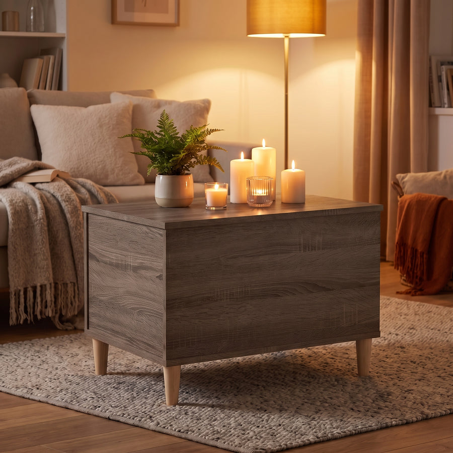 Table basse relevable Sylva chêne fumé, ambiance du soir aux bougies