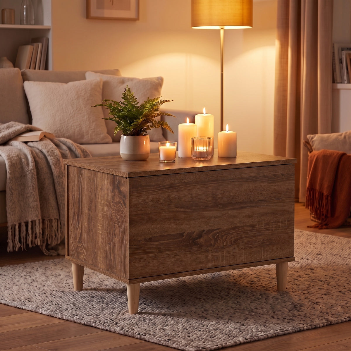 Table basse relevable Sylva chêne marron, ambiance du soir aux bougies #Dimensions_60 × 44,5 × 45 cm #Couleur_Chêne marron