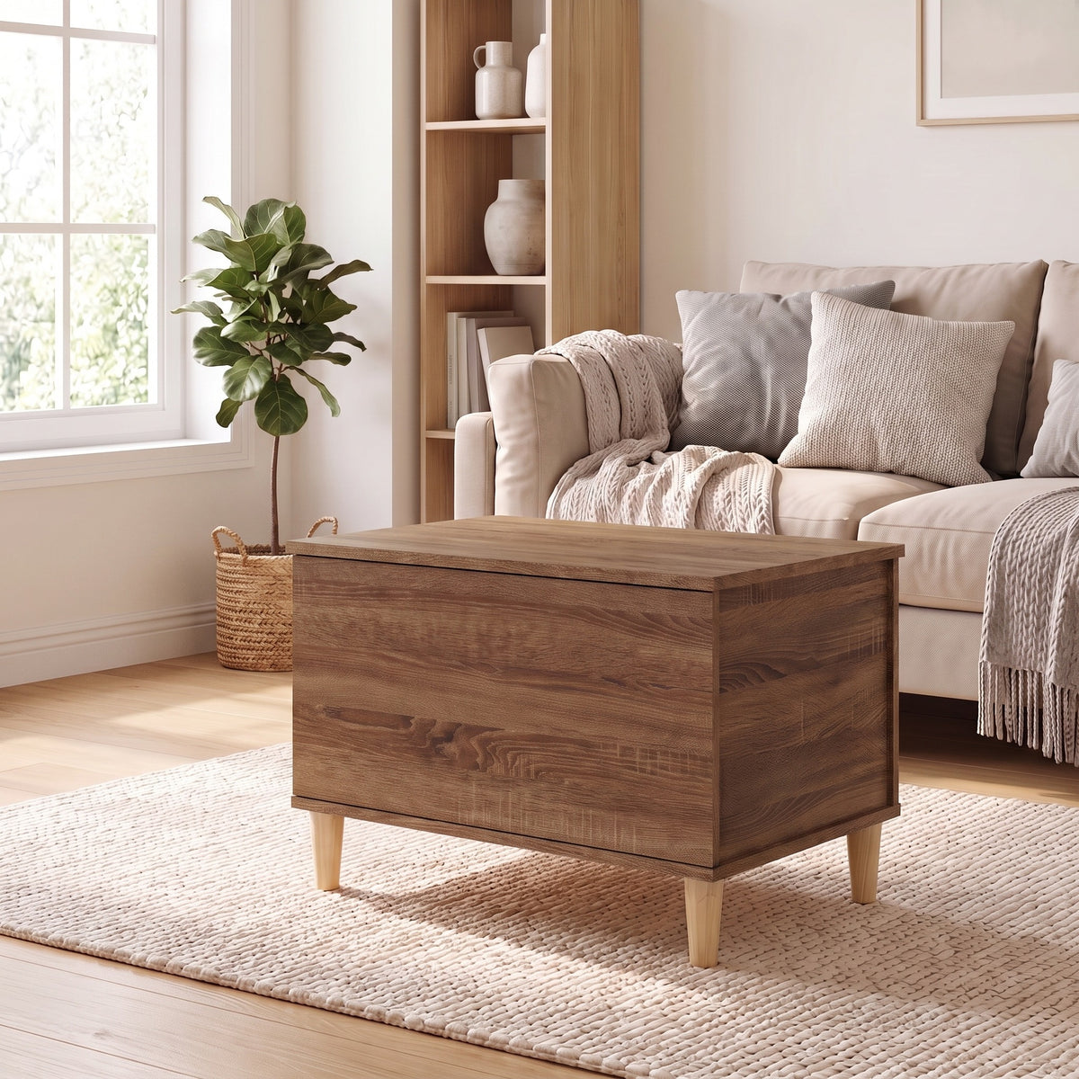 Table basse relevable Sylva chêne marron dans un salon lumineux #Dimensions_60 × 44,5 × 45 cm #Couleur_Chêne marron