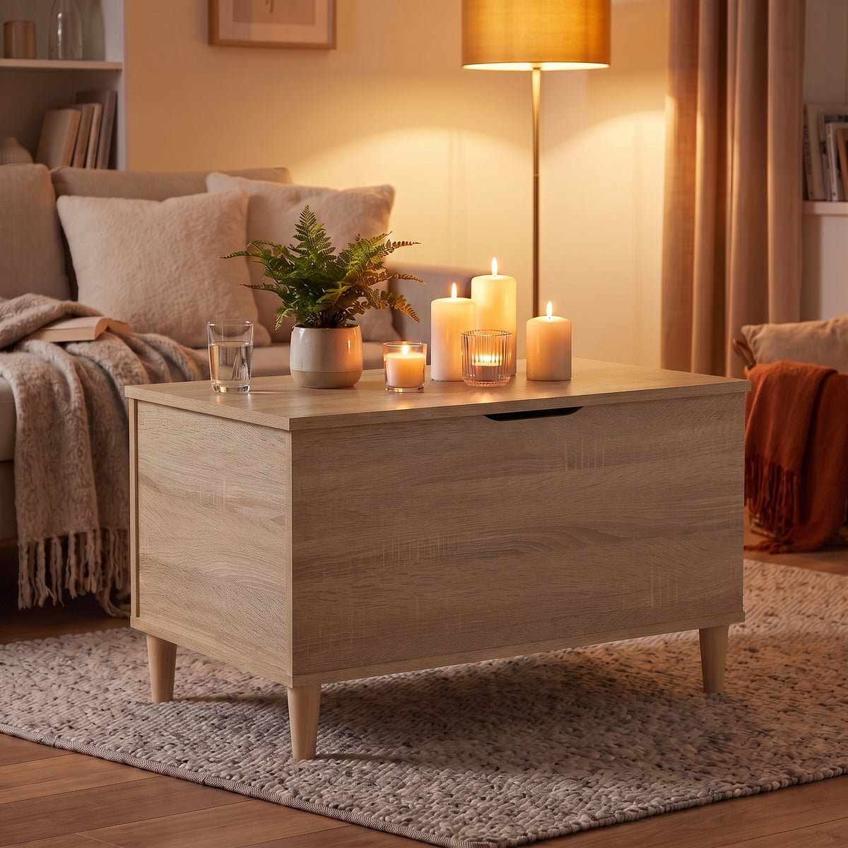 Table basse relevable Sylva chêne sonoma, ambiance du soir aux bougies #Dimensions_90 × 44,5 × 45 cm #Couleur_Chêne sonoma