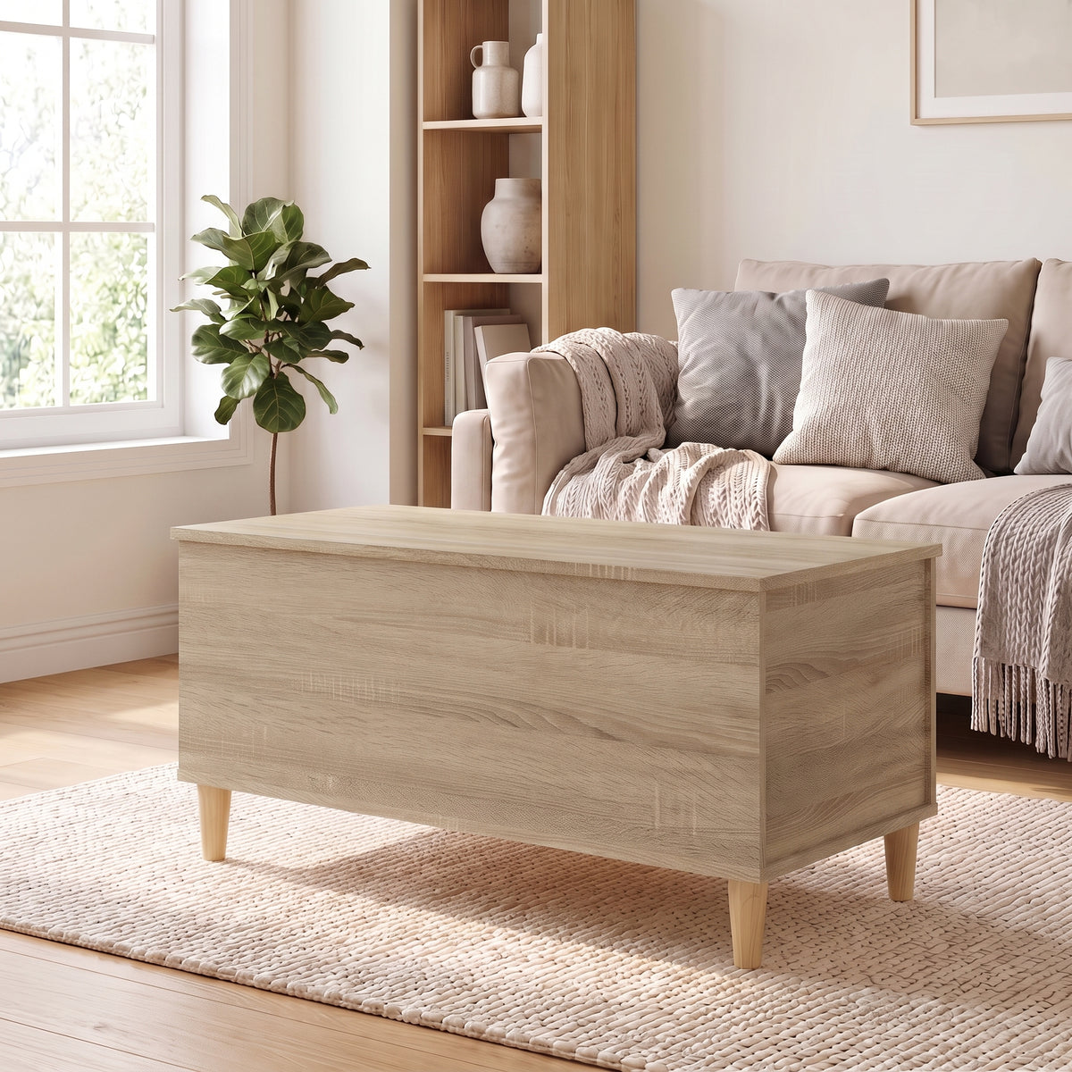 Table basse relevable Sylva chêne sonoma dans un salon lumineux #Dimensions_90 × 44,5 × 45 cm #Couleur_Chêne sonoma