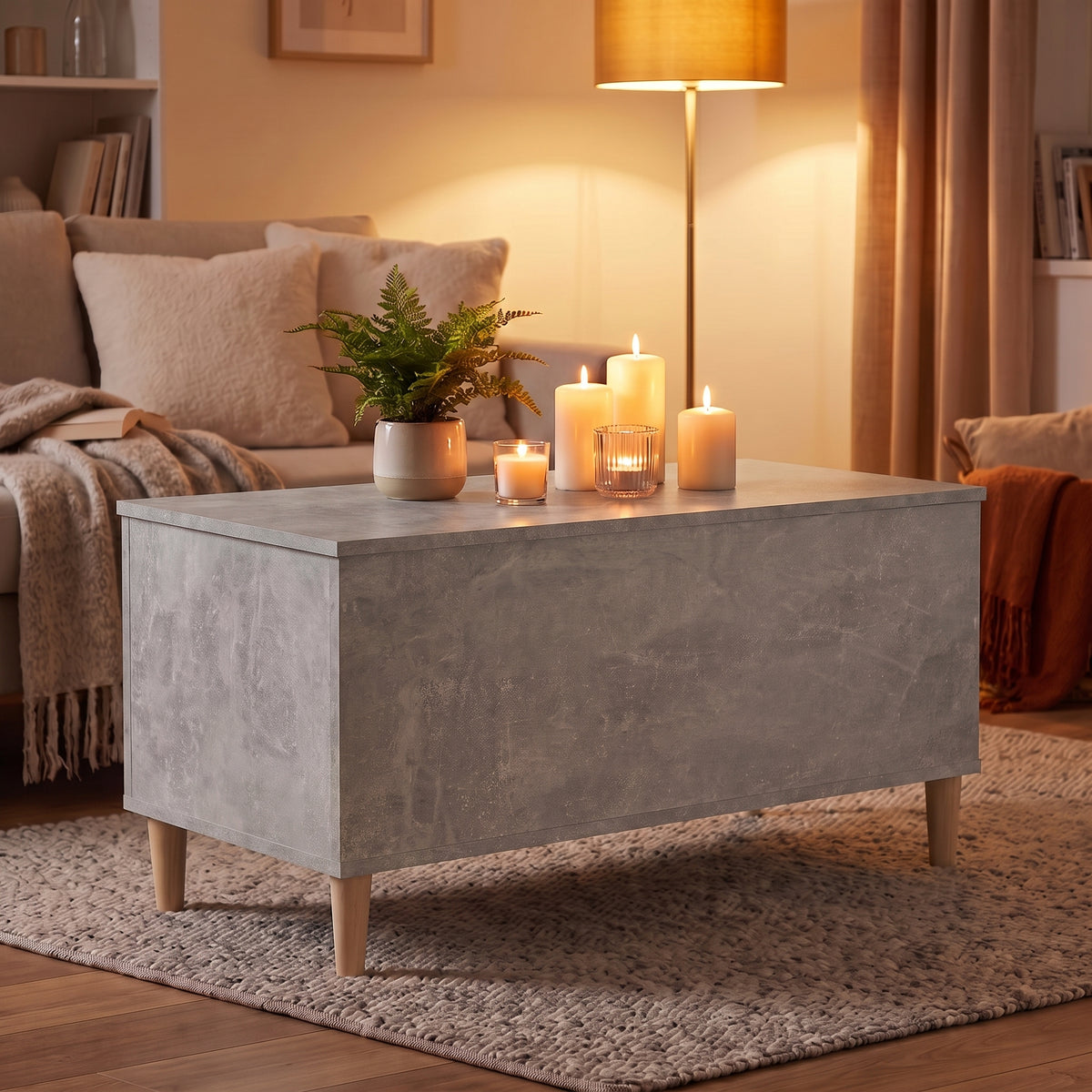 Table basse relevable Sylva gris béton, ambiance du soir aux bougies #Dimensions_90 × 44,5 × 45 cm #Couleur_Gris béton