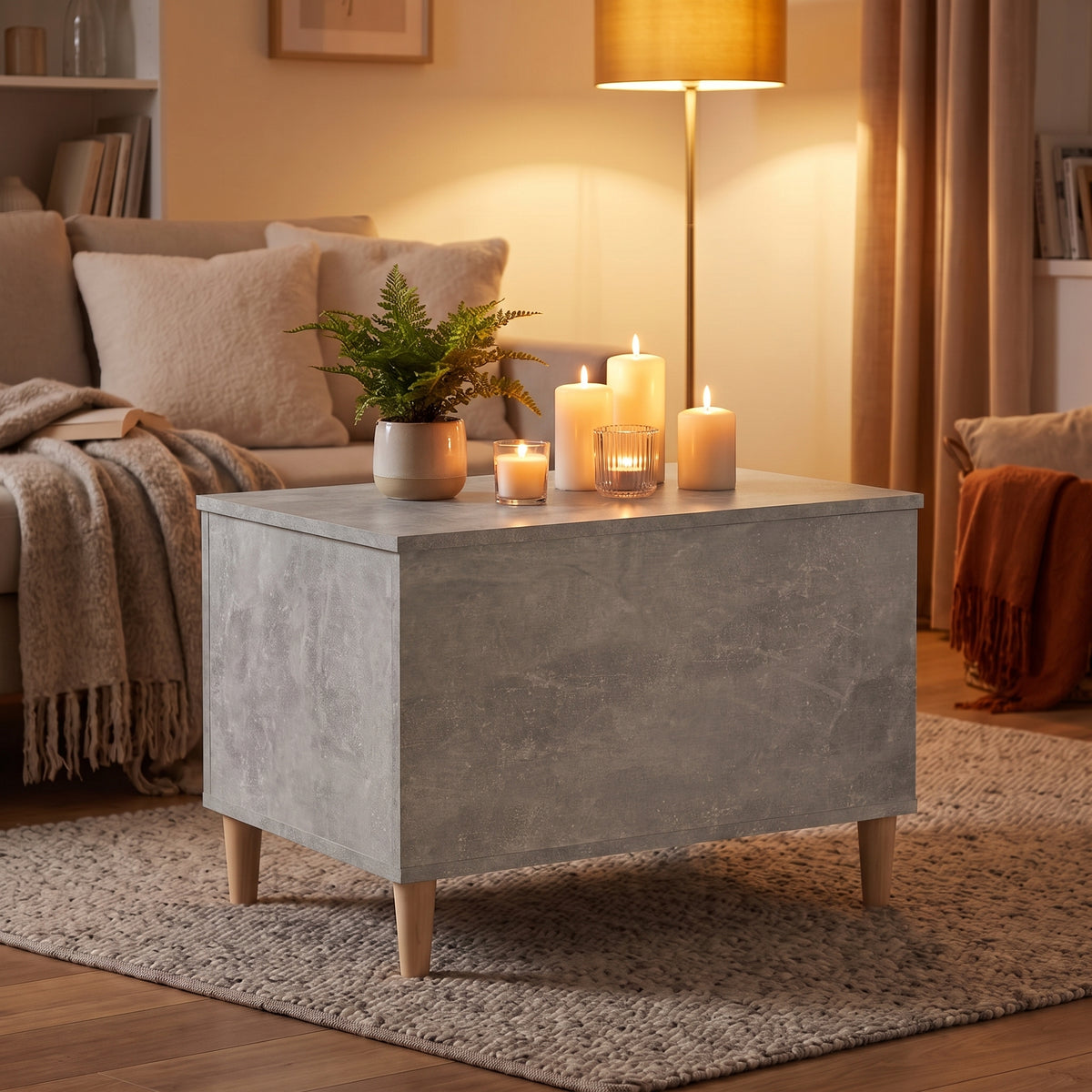 Table basse relevable Sylva gris béton, ambiance du soir aux bougies #Dimensions_60 × 44,5 × 45 cm #Couleur_Gris béton