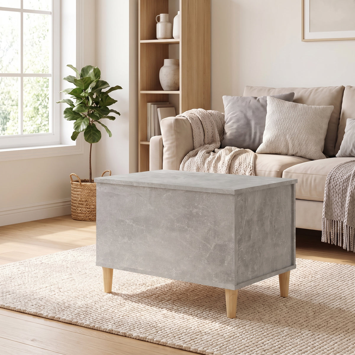 Table basse relevable Sylva gris béton dans un salon lumineux #Dimensions_60 × 44,5 × 45 cm #Couleur_Gris béton