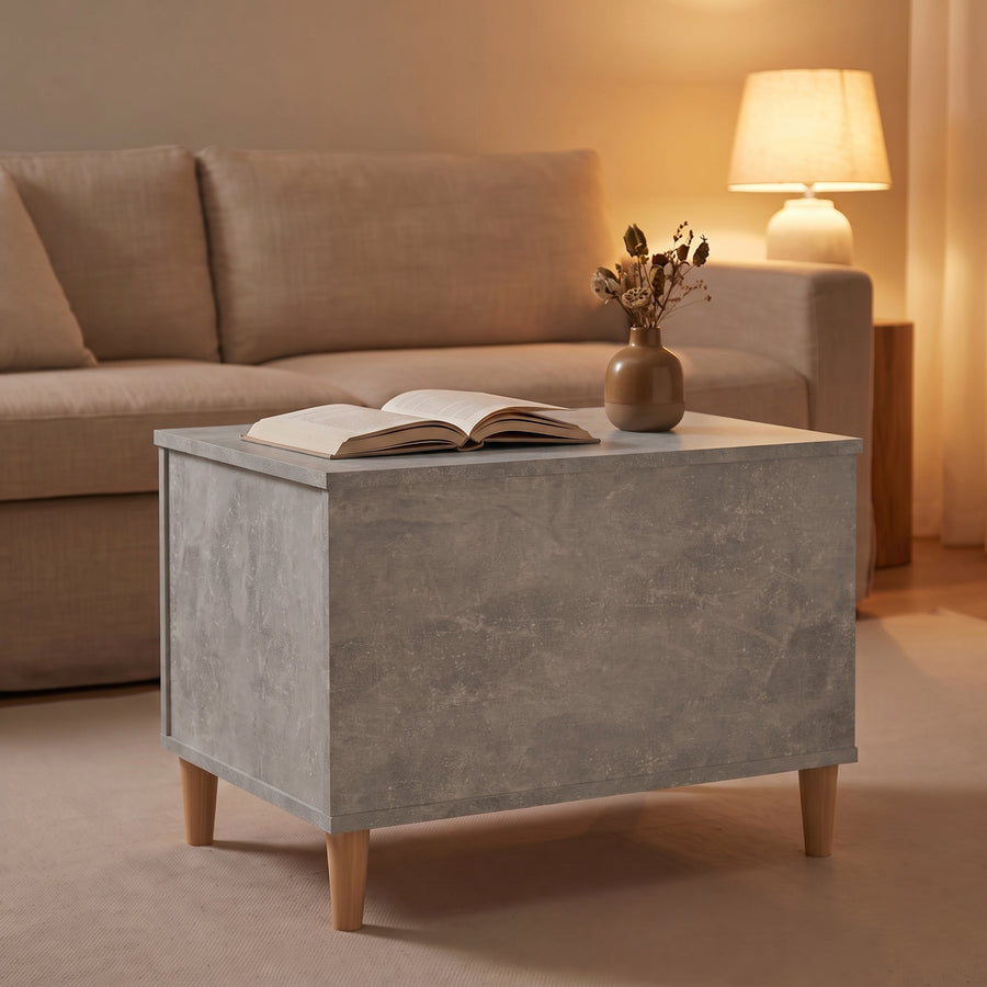 Table basse relevable Sylva gris béton fermée, salon au crépuscule