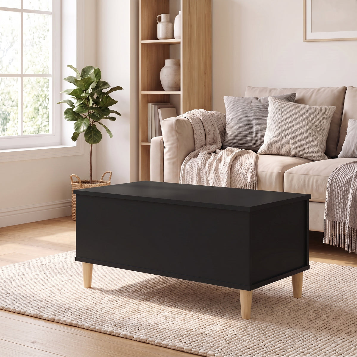 Table basse relevable Sylva noir dans un salon lumineux #Dimensions_90 × 44,5 × 45 cm #Couleur_Noir