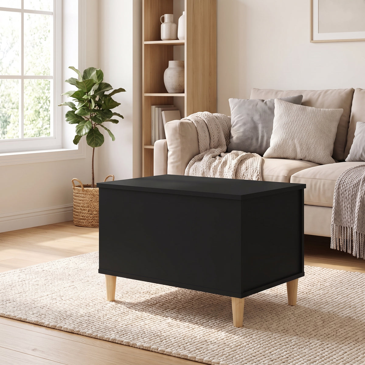 Table basse relevable Sylva noir dans un salon lumineux #Dimensions_60 × 44,5 × 45 cm #Couleur_Noir