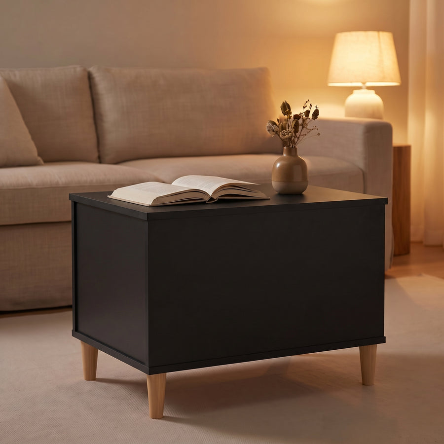 Table basse relevable Sylva noir fermée, salon au crépuscule