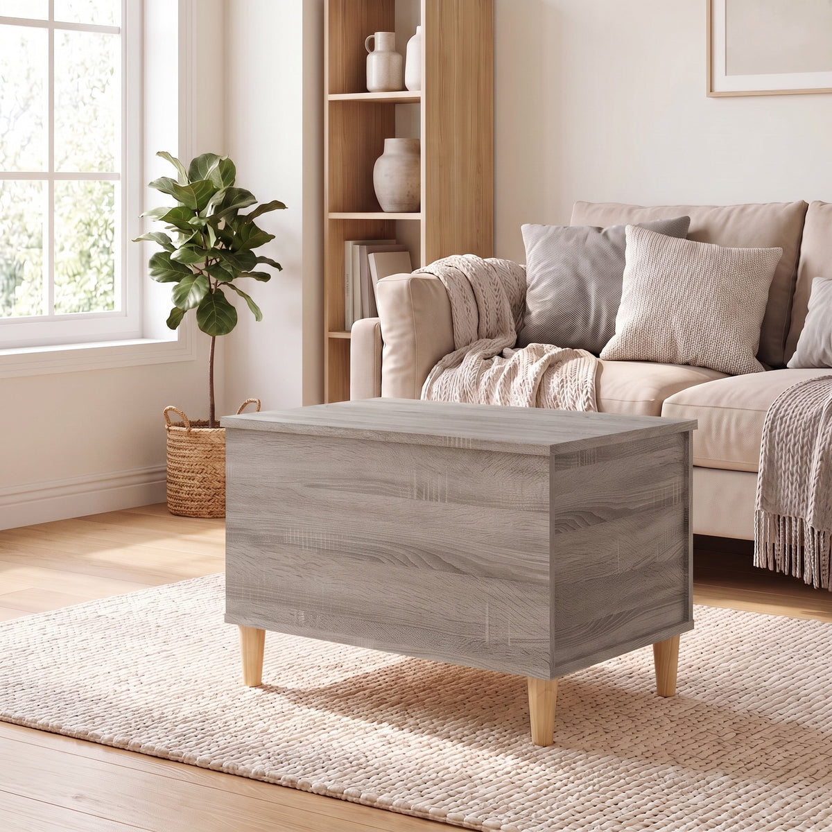 Table basse relevable Sylva sonoma gris dans un salon lumineux #Dimensions_60 × 44,5 × 45 cm #Couleur_Sonoma gris