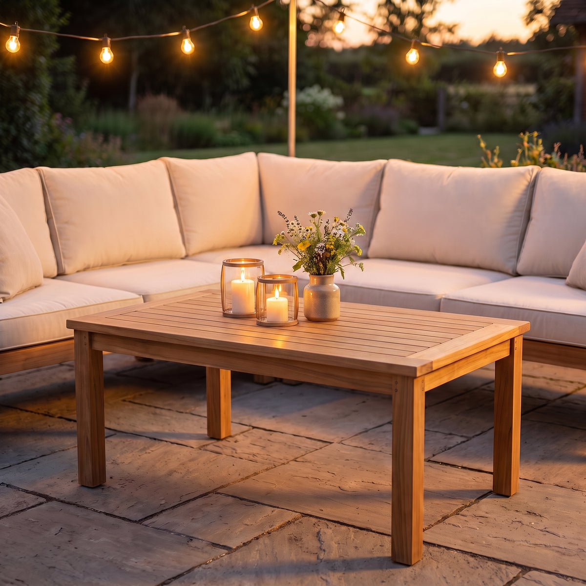 Table en teck massif Timba, 110 x 55 x 45 cm, terrasse du soir #Dimensions_110 × 55 × 45 cm