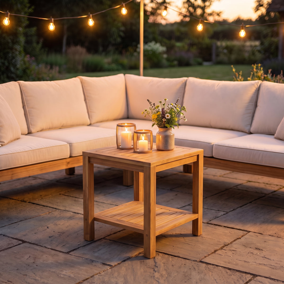 Table en teck massif Timba, 45 x 45 x 45 cm, terrasse du soir #Dimensions_45 × 45 × 45 cm