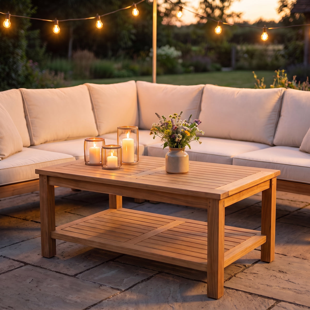 Table en teck massif Timba, 70 x 40 x 45 cm, terrasse du soir #Dimensions_70 × 40 × 45 cm
