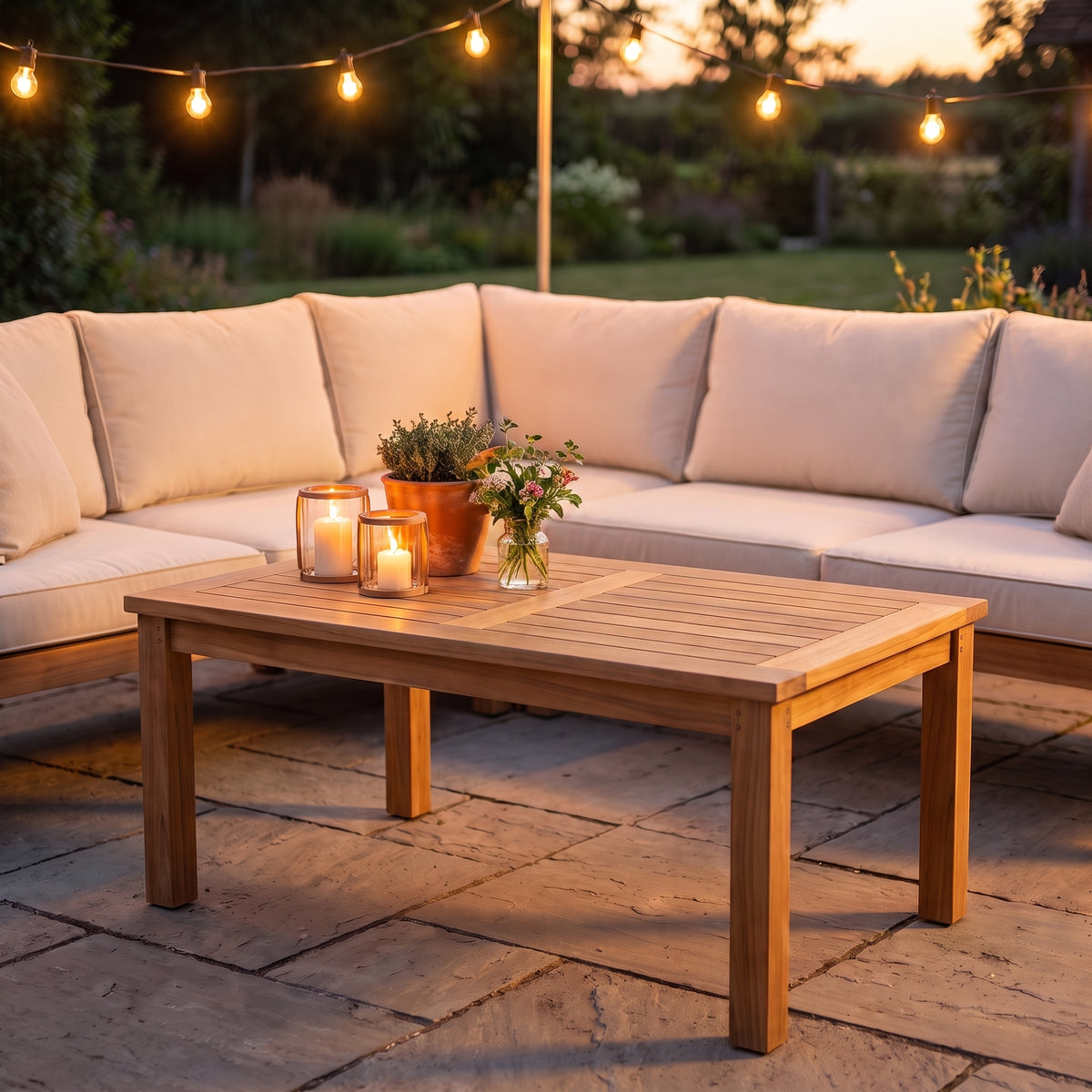 Table en teck massif Timba, 90 x 50 x 45,5 cm, terrasse du soir #Dimensions_90 × 50 × 45,5 cm