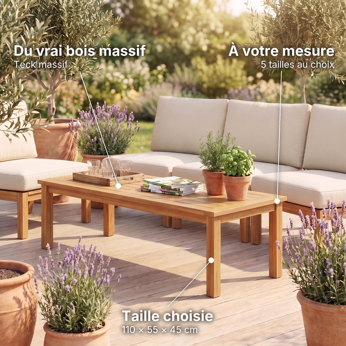 Table basse de jardin en teck massif Timba 110 × 55 × 45 cm : du vrai bois massif (Teck massif), à votre mesure (5 tailles au choix), taille choisie (110 × 55 × 45 cm) #Dimensions_110 × 55 × 45 cm