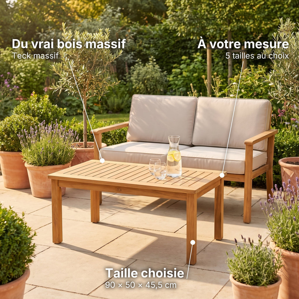 Table basse de jardin en teck massif Timba 90 × 50 × 45,5 cm : du vrai bois massif (Teck massif), à votre mesure (5 tailles au choix), taille choisie (90 × 50 × 45,5 cm) #Dimensions_90 × 50 × 45,5 cm