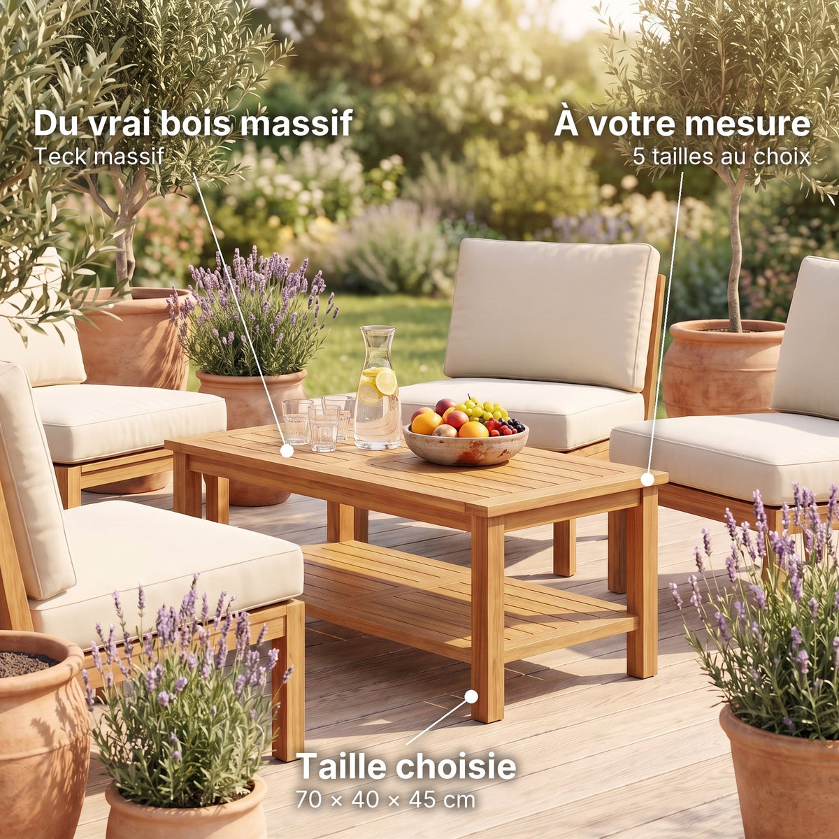 Table basse de jardin en teck massif Timba 70 × 40 × 45 cm : du vrai bois massif (Teck massif), à votre mesure (5 tailles au choix), taille choisie (70 × 40 × 45 cm) #Dimensions_70 × 40 × 45 cm