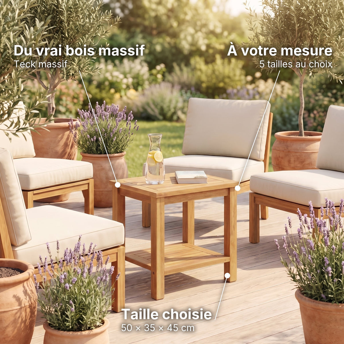 Table basse de jardin en teck massif Timba 50 × 35 × 45 cm : du vrai bois massif (Teck massif), à votre mesure (5 tailles au choix), taille choisie (50 × 35 × 45 cm) #Dimensions_50 × 35 × 45 cm