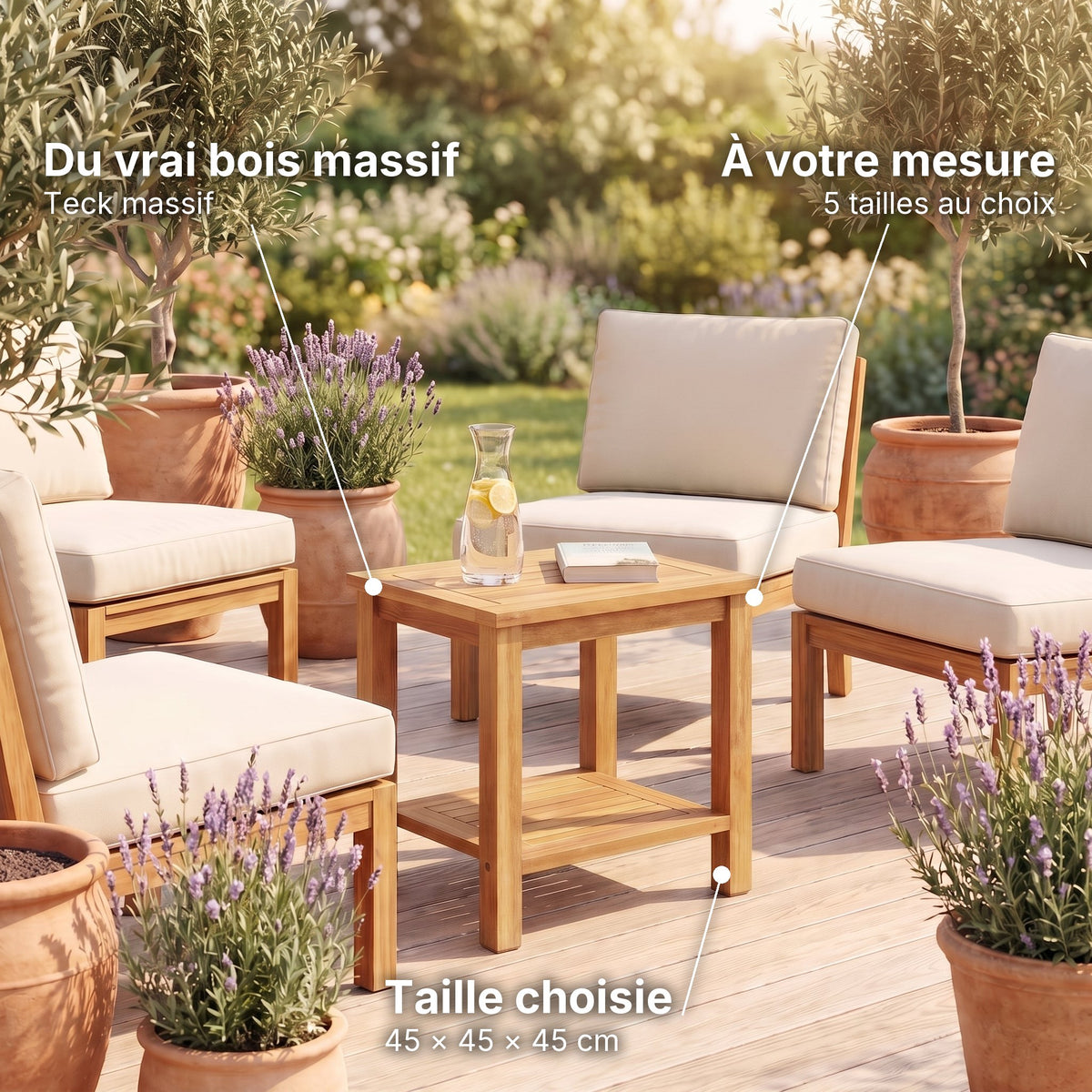 Table basse de jardin en teck massif Timba 45 × 45 × 45 cm : du vrai bois massif (Teck massif), à votre mesure (5 tailles au choix), taille choisie (45 × 45 × 45 cm) #Dimensions_45 × 45 × 45 cm