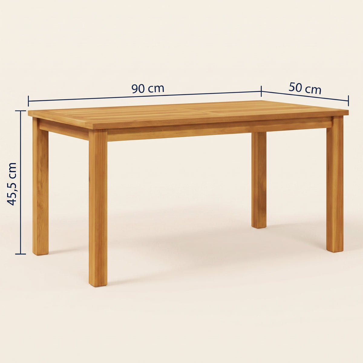 Table en teck massif Timba, 90 x 50 x 45,5 cm, schéma des dimensions #Dimensions_90 × 50 × 45,5 cm