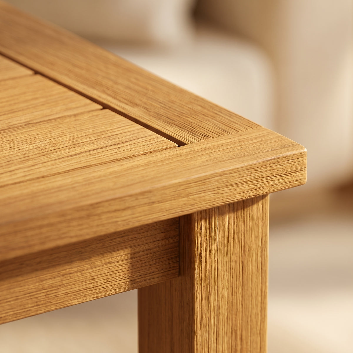 Zoom sur le veinage du teck massif de la table Timba
