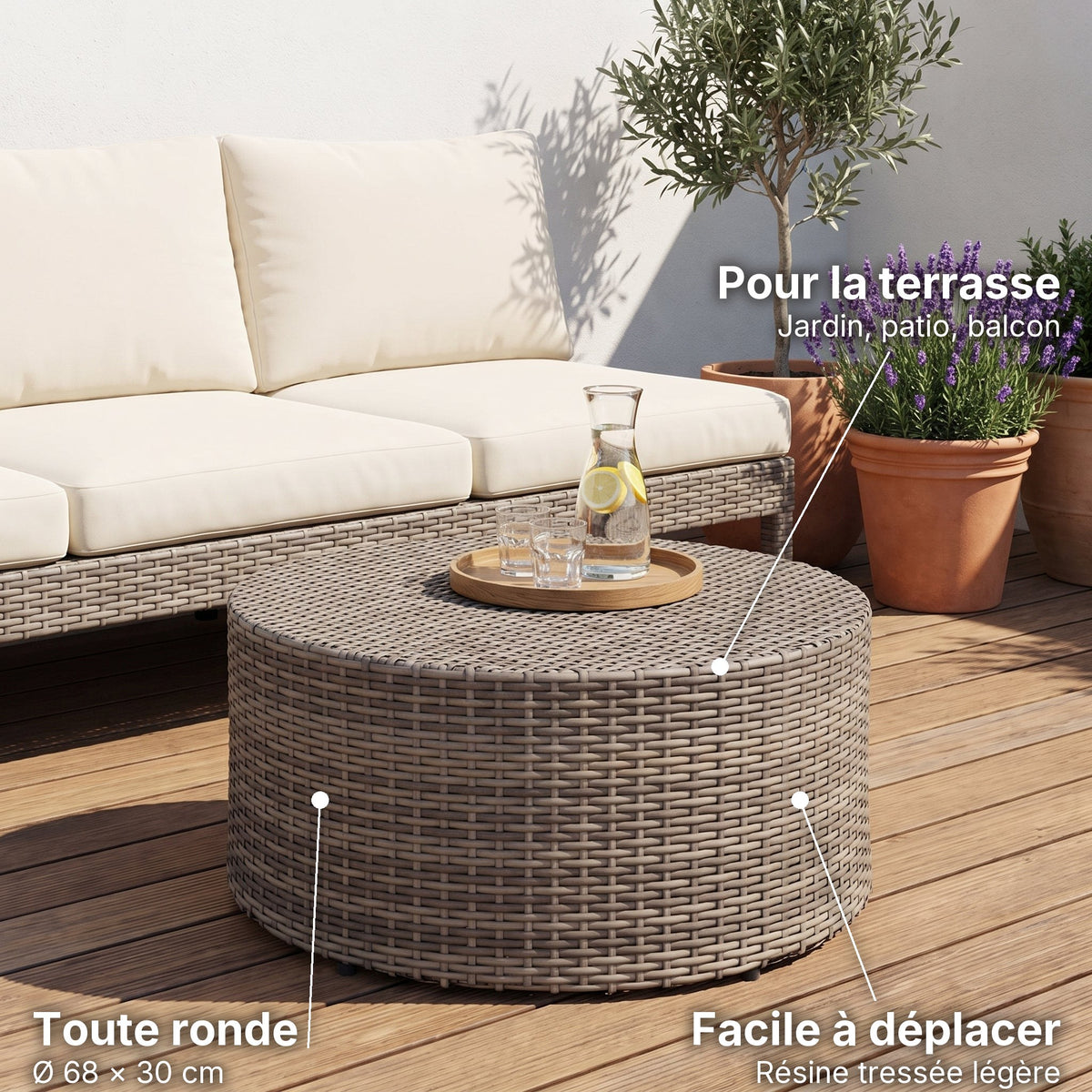 Table basse ronde de jardin en résine tressée Tonda gris : toute ronde (Ø 68 × 30 cm), facile à déplacer (Résine tressée légère), pour la terrasse (Jardin, patio, balcon) #Couleur_Gris