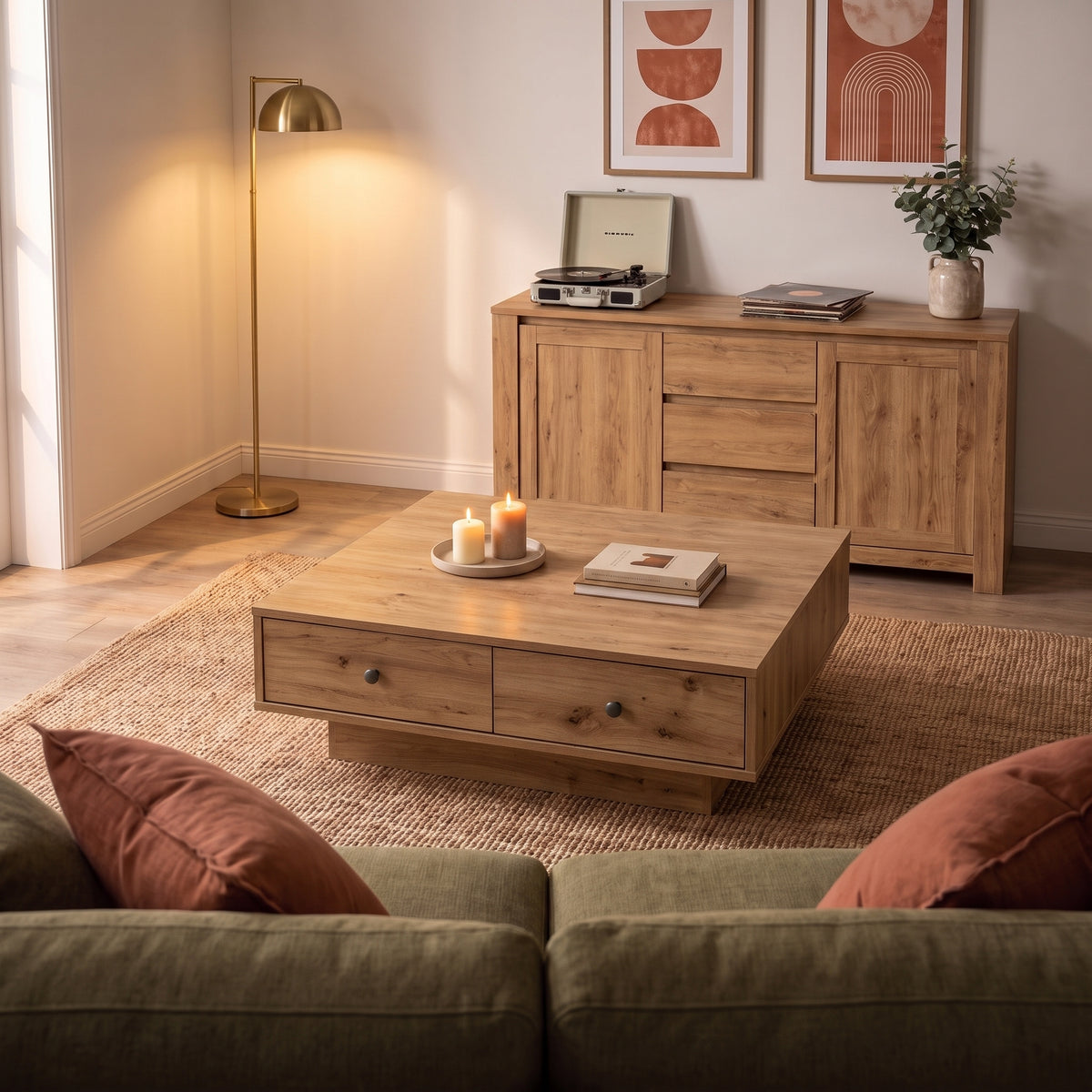 Table avec tiroirs Vasta, chêne artisanal, ambiance du soir #Couleur_Chêne artisanal