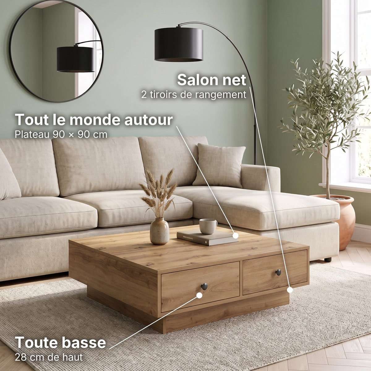 Grande table basse carrée 90x90 avec tiroirs Vasta chêne artisanal : tout le monde autour (Plateau 90 × 90 cm), salon net (2 tiroirs de rangement), toute basse (28 cm de haut) #Couleur_Chêne artisanal