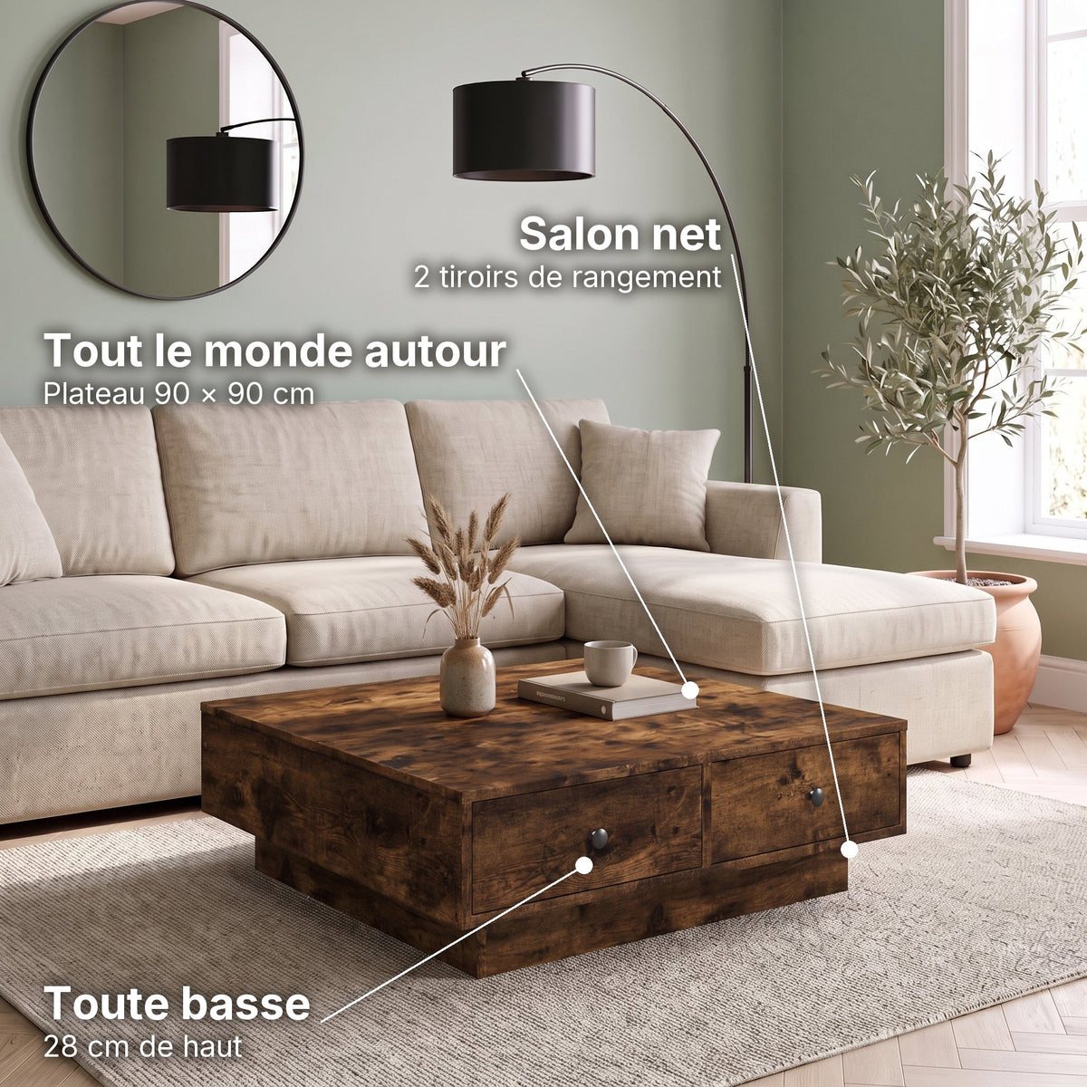 Grande table basse carrée 90x90 avec tiroirs Vasta chêne fumé : tout le monde autour (Plateau 90 × 90 cm), salon net (2 tiroirs de rangement), toute basse (28 cm de haut) #Couleur_Chêne fumé