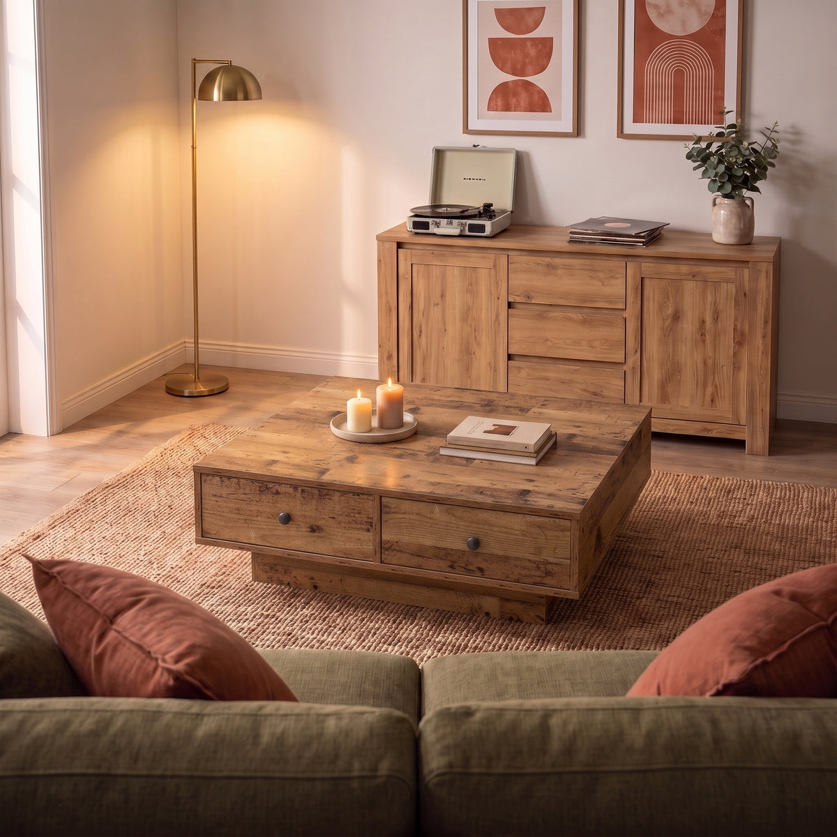 Table avec tiroirs Vasta, bois ancien, ambiance du soir #Couleur_Bois ancien