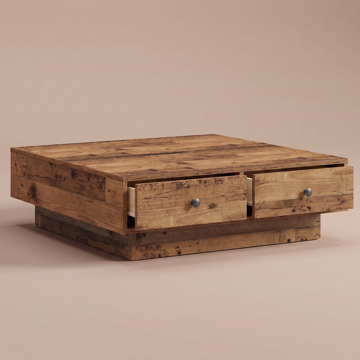 Table avec tiroirs Vasta, bois ancien, vue 3/4, tiroirs fermés #Couleur_Bois ancien