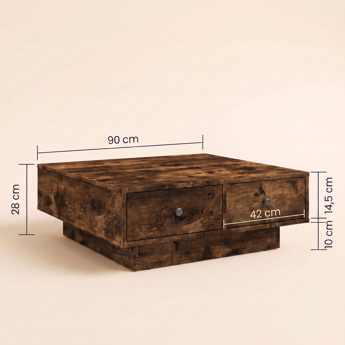 Table avec tiroirs Vasta, chêne fumé, dimensions 90 x 90 cm, 28 cm de haut #Couleur_Chêne fumé
