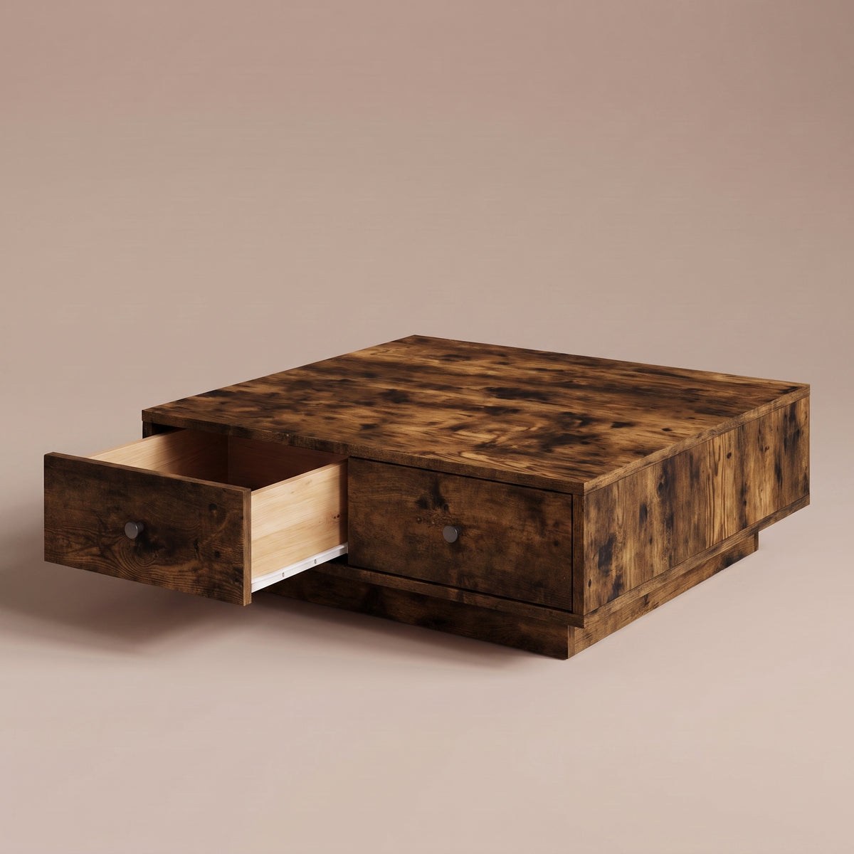 Table avec tiroirs Vasta, chêne fumé, tiroir ouvert sur ses coulisses #Couleur_Chêne fumé