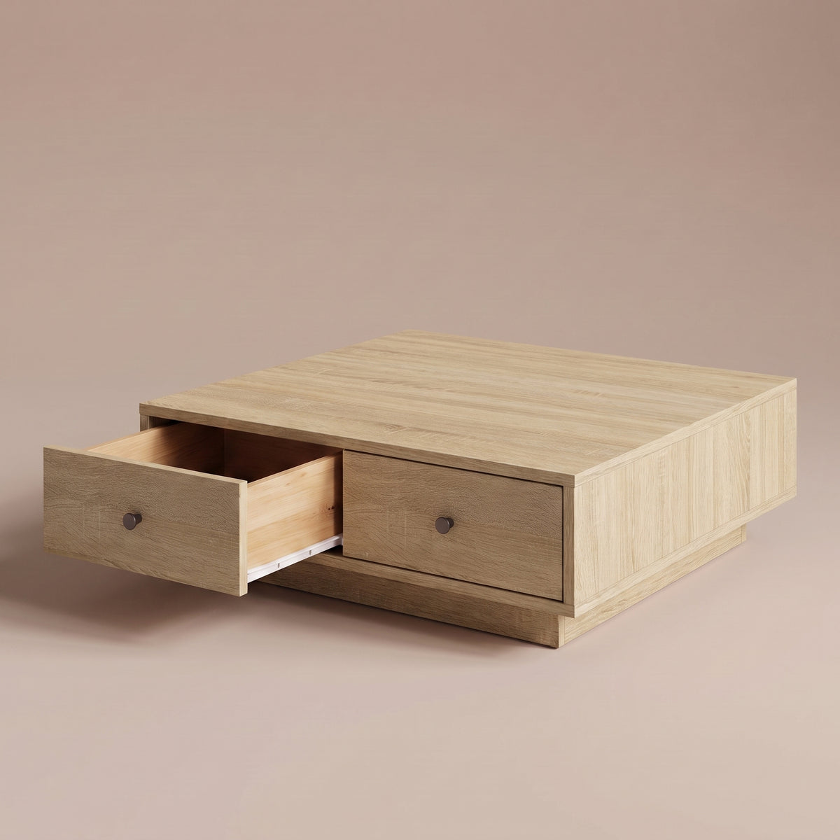 Table avec tiroirs Vasta, chêne sonoma, tiroir ouvert sur ses coulisses #Couleur_Chêne sonoma