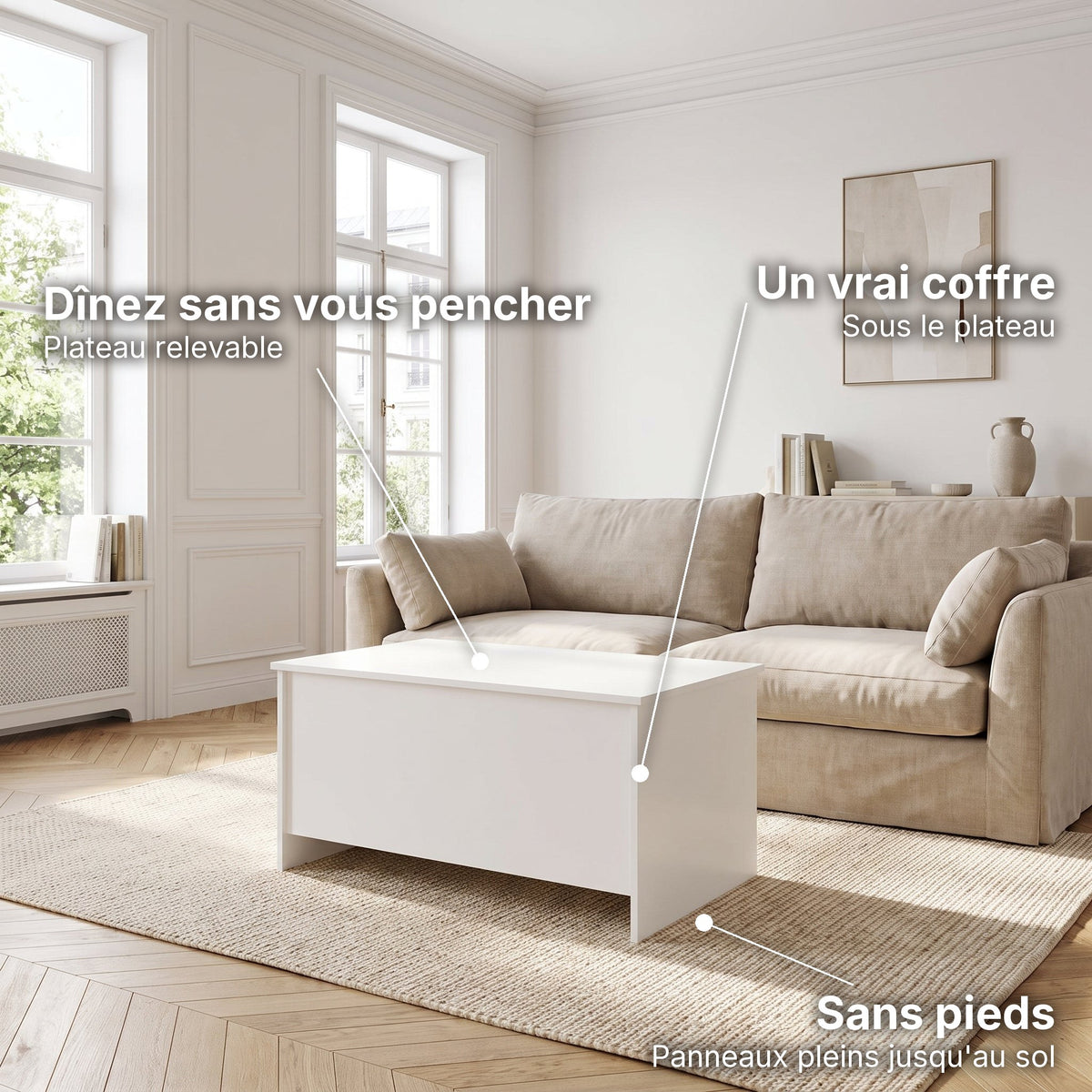 Table basse avec plateau relevable et coffre Velia 102 × 55,5 × 52,5 cm , blanc : dînez sans vous pencher (Plateau relevable), un vrai coffre (Sous le plateau), sans pieds (Panneaux pleins jusqu'au sol) #Dimensions_102 × 55,5 × 52,5 cm #Couleur_Blanc