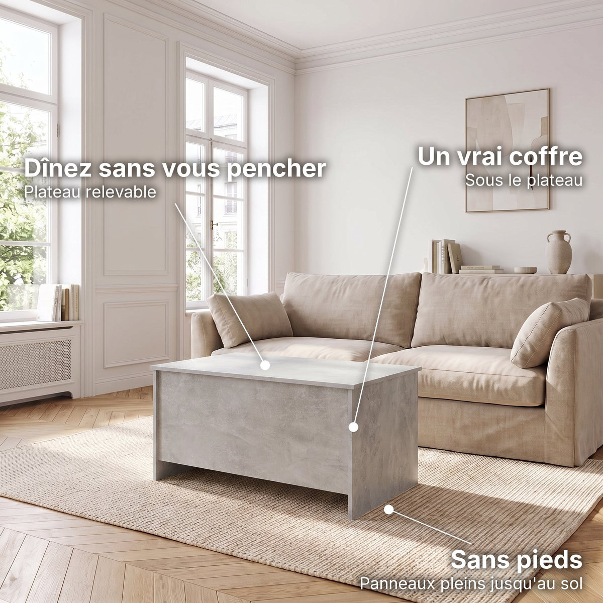 Table basse avec plateau relevable et coffre Velia 102 × 55,5 × 52,5 cm , gris béton : dînez sans vous pencher (Plateau relevable), un vrai coffre (Sous le plateau), sans pieds (Panneaux pleins jusqu'au sol) #Dimensions_102 × 55,5 × 52,5 cm #Couleur_Gris béton
