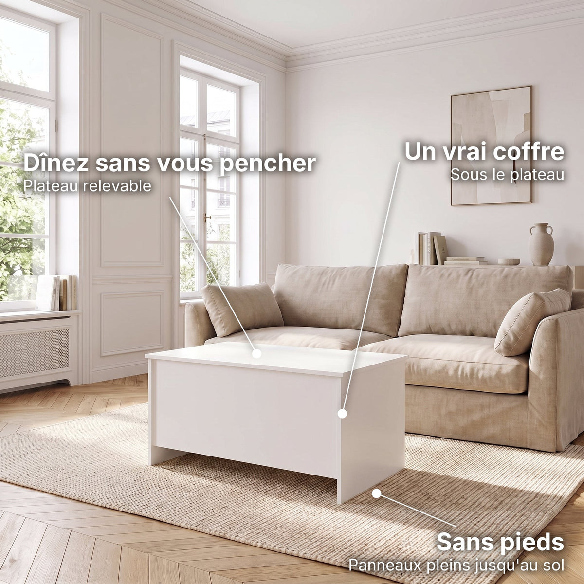Table basse avec plateau relevable et coffre Velia 80 × 55,5 × 41,5 cm , blanc : dînez sans vous pencher (Plateau relevable), un vrai coffre (Sous le plateau), sans pieds (Panneaux pleins jusqu'au sol) #Dimensions_80 × 55,5 × 41,5 cm #Couleur_Blanc