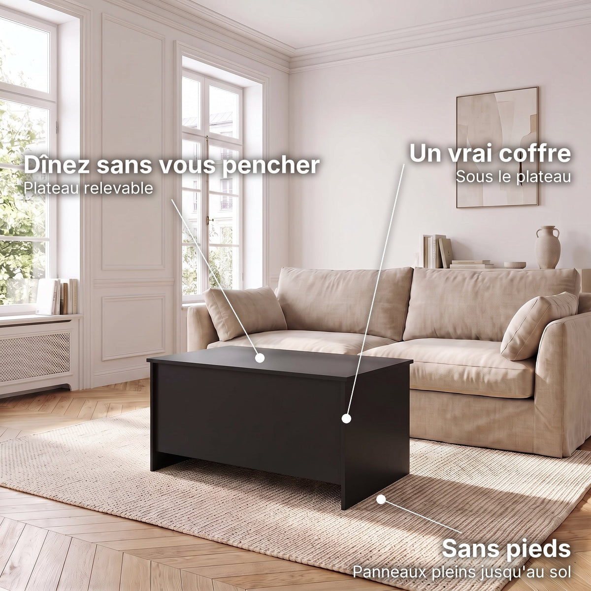 Table basse avec plateau relevable et coffre Velia 80 × 55,5 × 41,5 cm , noir : dînez sans vous pencher (Plateau relevable), un vrai coffre (Sous le plateau), sans pieds (Panneaux pleins jusqu'au sol) #Dimensions_80 × 55,5 × 41,5 cm #Couleur_Noir