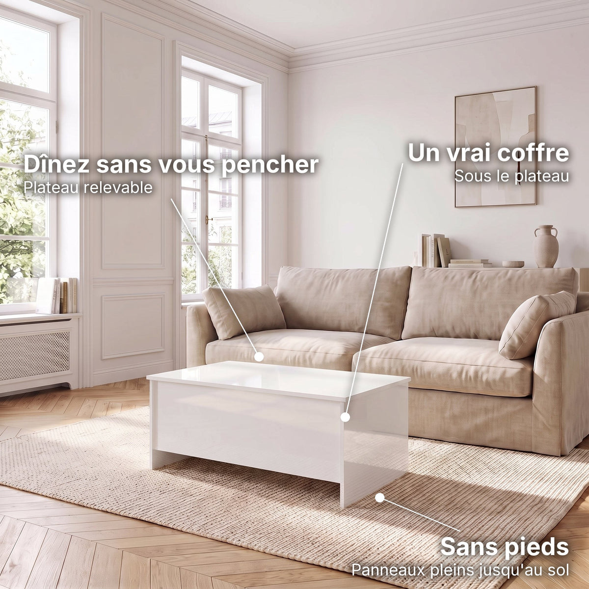 Table basse avec plateau relevable et coffre Velia 80 × 55,5 × 41,5 cm , blanc brillant : dînez sans vous pencher (Plateau relevable), un vrai coffre (Sous le plateau), sans pieds (Panneaux pleins jusqu'au sol) #Dimensions_80 × 55,5 × 41,5 cm #Couleur_Blanc brillant