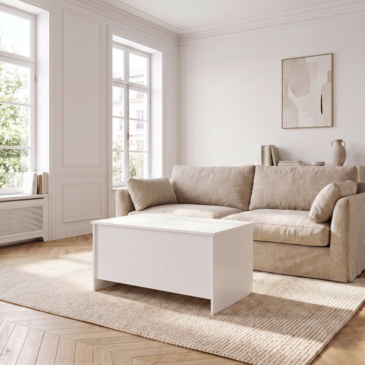 Table basse relevable Velia blanc dans un salon lumineux #Dimensions_80 × 55,5 × 41,5 cm #Couleur_Blanc