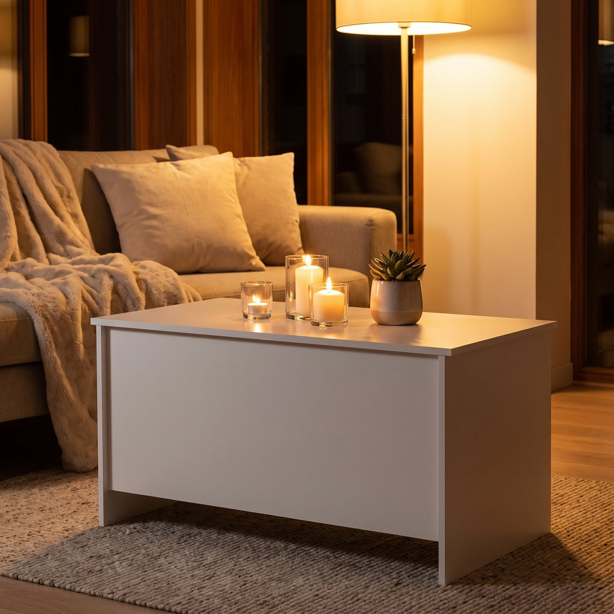 Table basse relevable Velia blanc, ambiance du soir aux bougies #Dimensions_102 × 55,5 × 52,5 cm #Couleur_Blanc