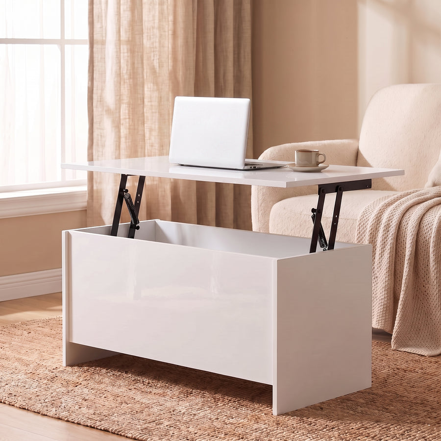Table basse relevable Velia blanc brillant, plateau relevé en bureau d’appoint