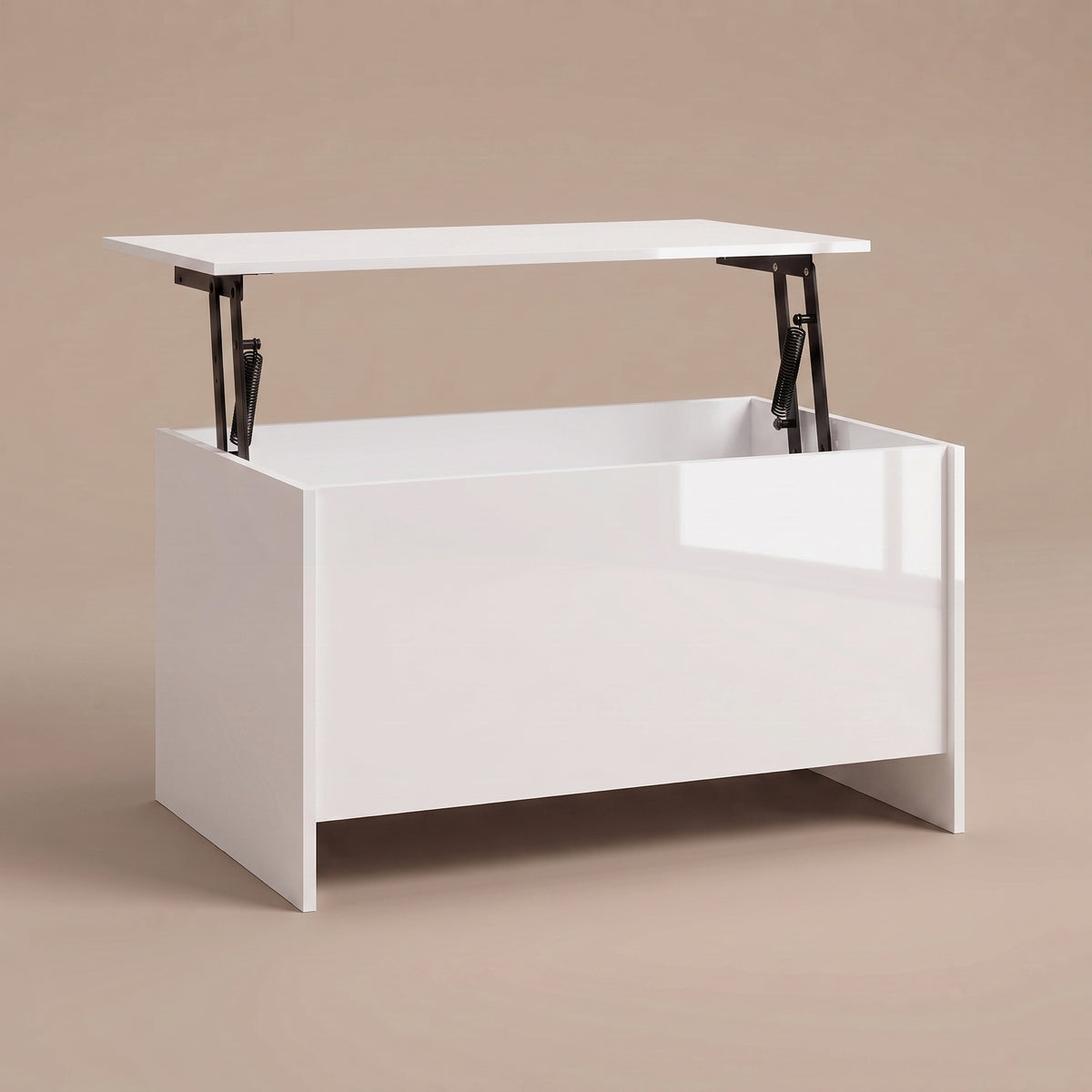 Table basse relevable Velia blanc brillant, plateau relevé sur double mécanisme à ressorts #Dimensions_80 × 55,5 × 41,5 cm #Couleur_Blanc brillant