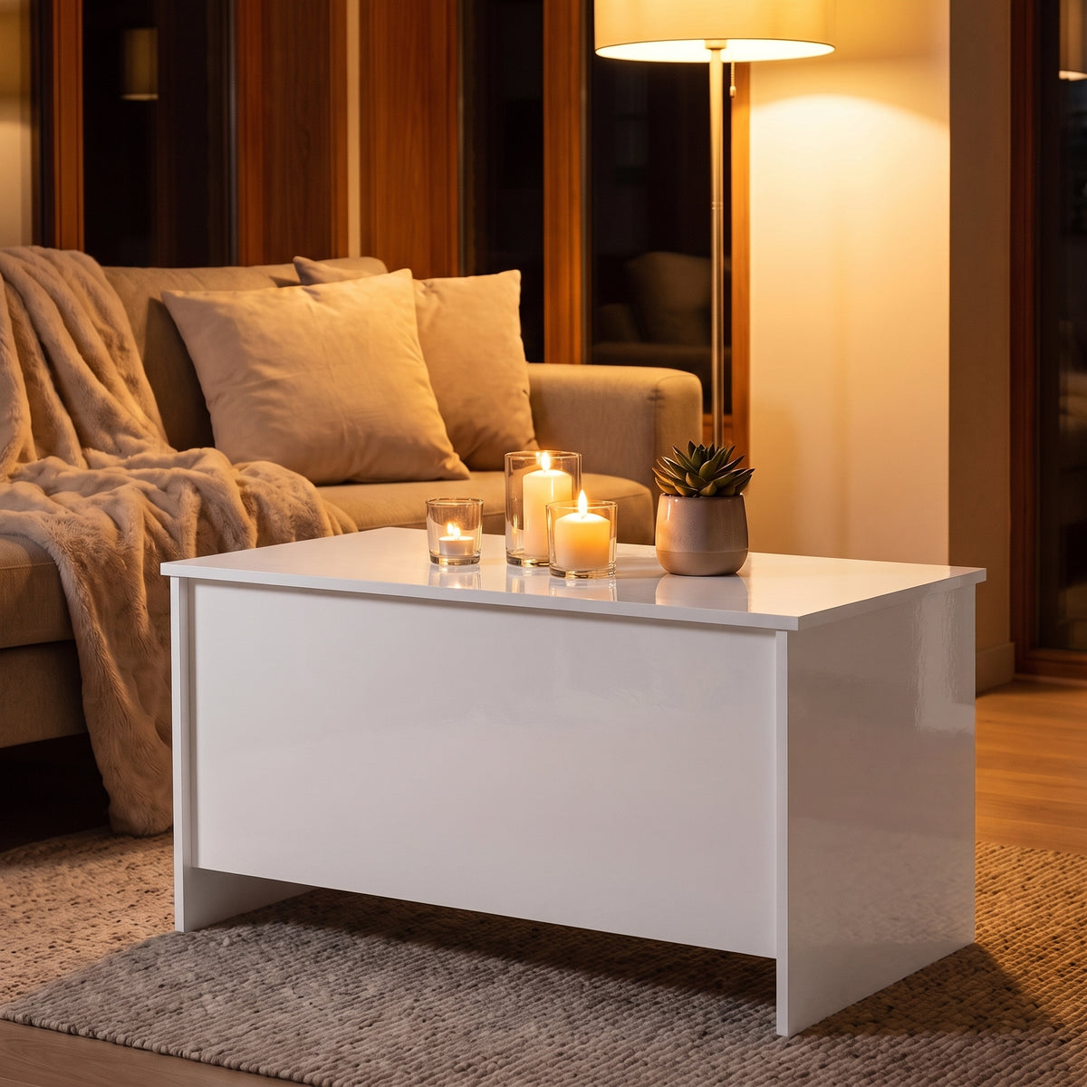 Table basse relevable Velia blanc brillant, ambiance du soir aux bougies #Dimensions_102 × 55,5 × 52,5 cm #Couleur_Blanc brillant