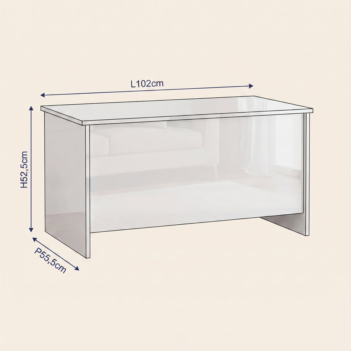 Dimensions de la table basse relevable Velia blanc brillant #Dimensions_102 × 55,5 × 52,5 cm #Couleur_Blanc brillant
