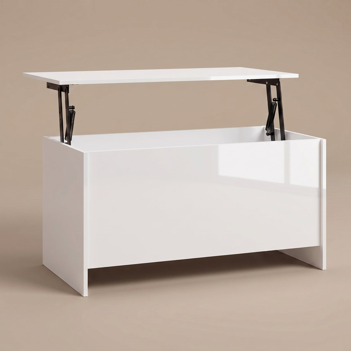 Table basse relevable Velia blanc brillant, plateau relevé sur double mécanisme à ressorts #Dimensions_102 × 55,5 × 52,5 cm #Couleur_Blanc brillant