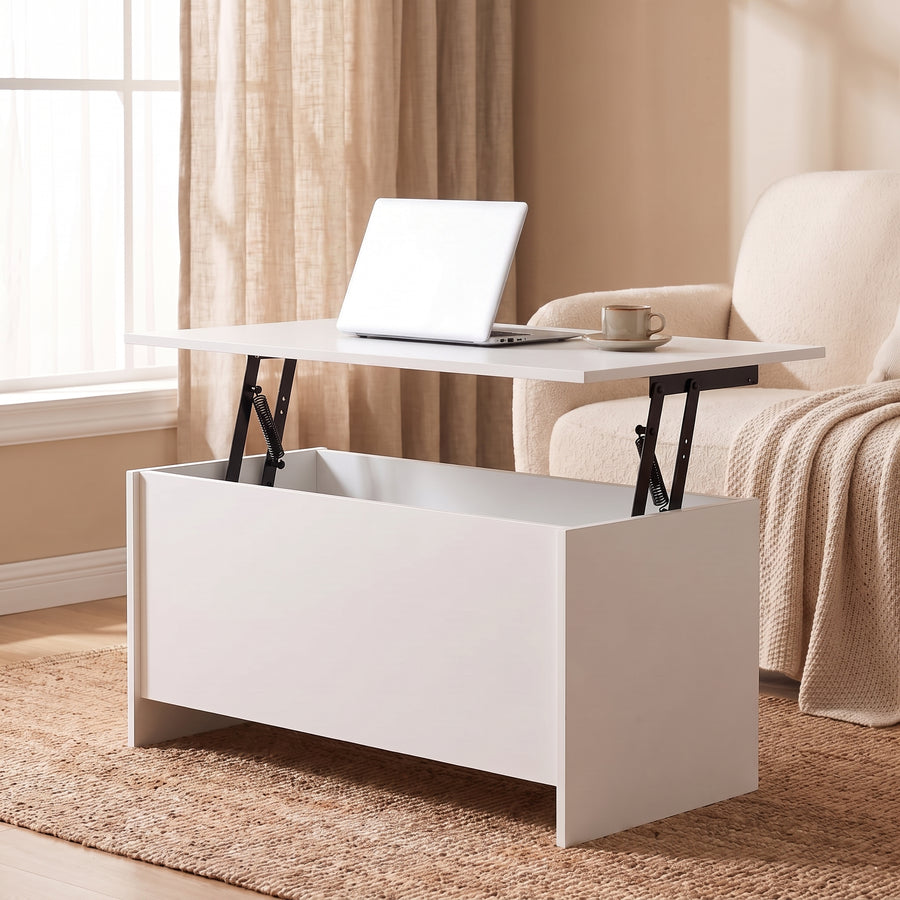 Table basse relevable Velia blanc, plateau relevé en bureau d’appoint