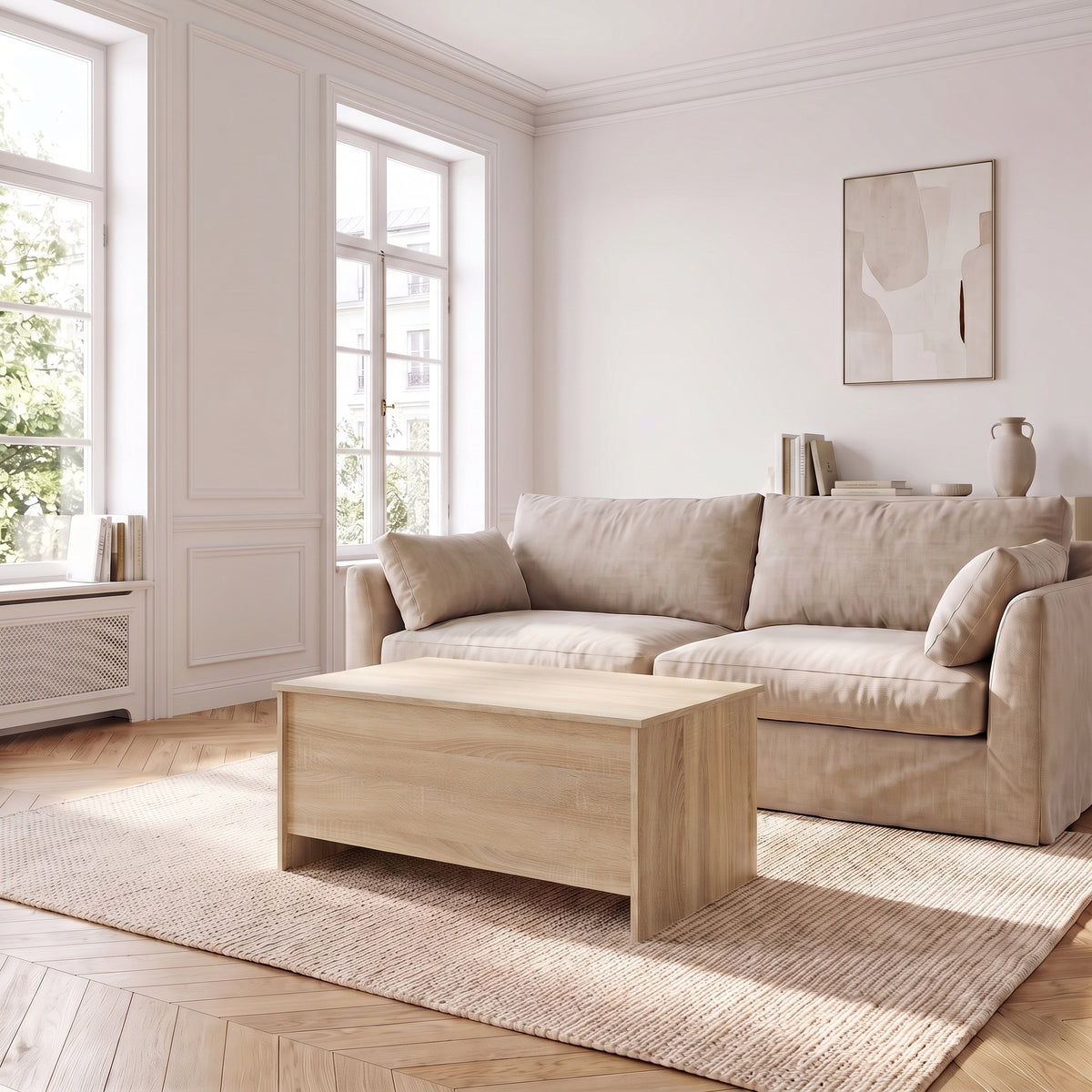 Table basse relevable Velia chêne sonoma dans un salon lumineux #Dimensions_80 × 55,5 × 41,5 cm #Couleur_Chêne sonoma