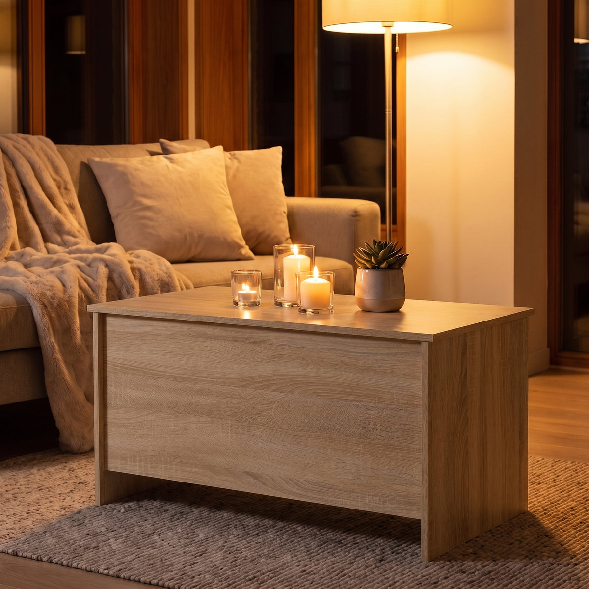 Table basse relevable Velia chêne sonoma, ambiance du soir aux bougies #Dimensions_102 × 55,5 × 52,5 cm #Couleur_Chêne sonoma