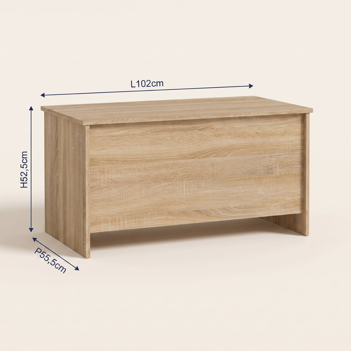 Dimensions de la table basse relevable Velia chêne sonoma #Dimensions_102 × 55,5 × 52,5 cm #Couleur_Chêne sonoma